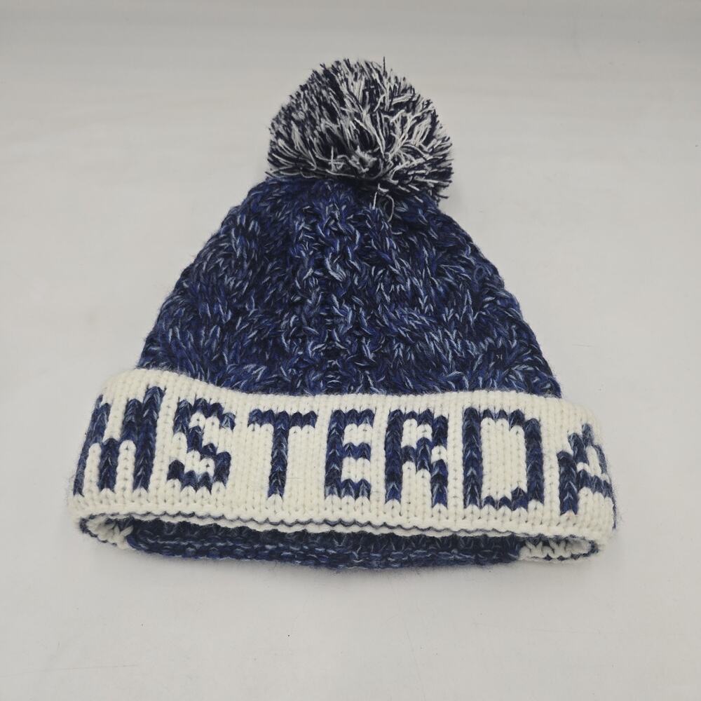 Robin Ruth Amsterdam Spellout Pom Pom Winter Beanie Knit Blue White